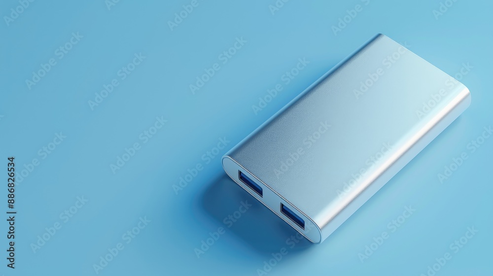 Power Bank in Silver Aluminum Case on Blue Background Power Bank in Silver Aluminum Case on Blue Background