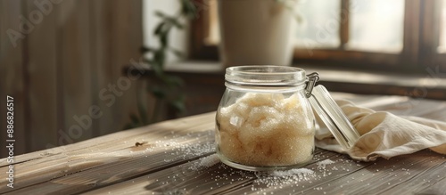 Natural cane sugar in a glass jar on a wooden table with copy space image. photo