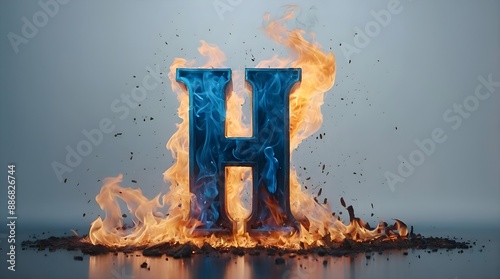 The letter H in 3D, in blue color, it's on fire, there are  fire flames on it, it's burning, there is a lot of  smoke around, smooth white background.