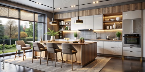 Wallpaper Mural Modern Kitchen Island with Wooden Cabinets and a View, kitchen design , contemporary , interior design , kitchen island Torontodigital.ca