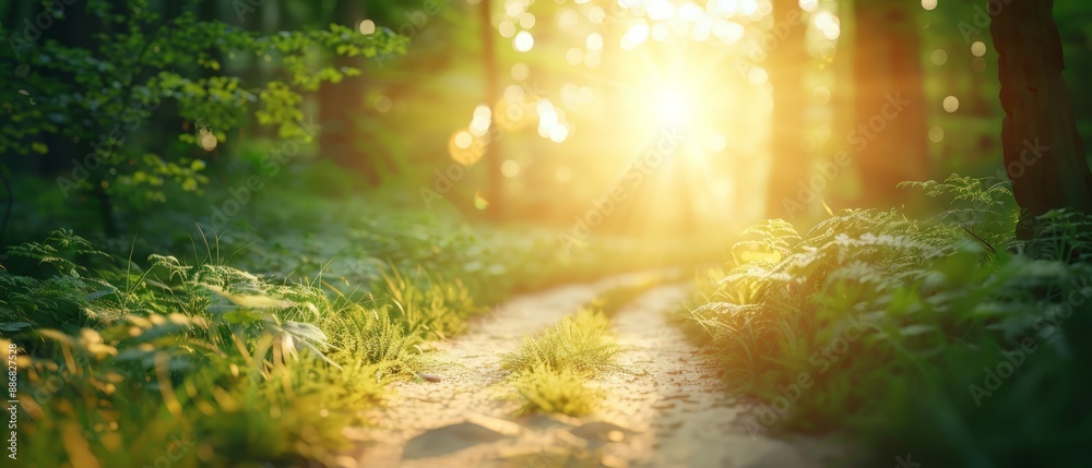Fototapeta premium A forest path with sunbeams filtering through tree tops ahead