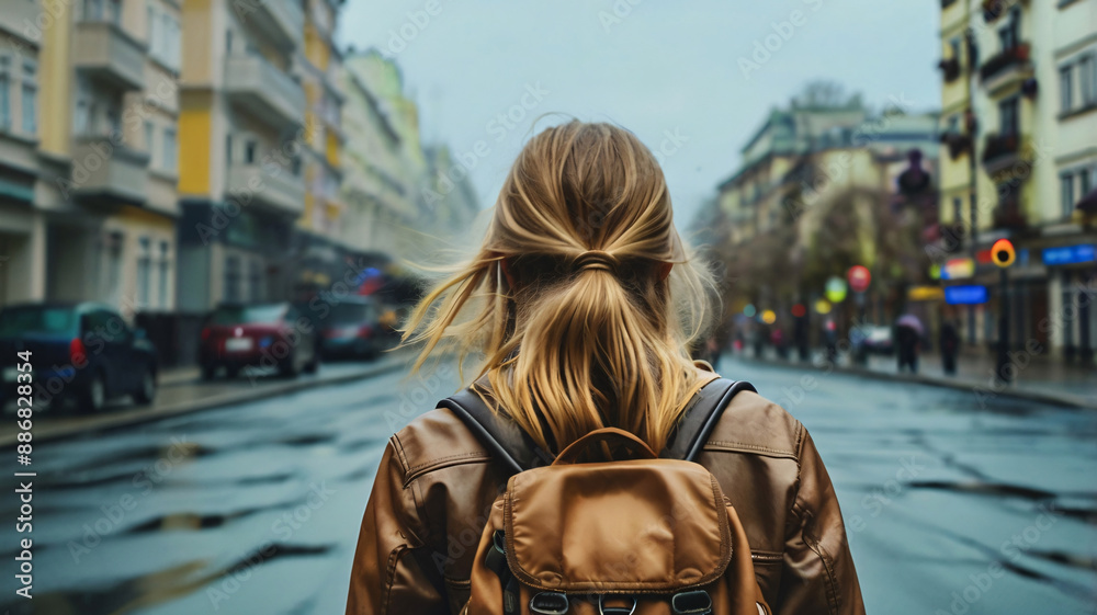 Rearview photography of a young woman wearing a backpack walking through a city or downtown street at daytime, people and cars on the side of the road blurred, youthful female Rearview photography of a young woman wearing a backpack walking through a city or downtown street at daytime, people and cars on the side of the road blurred, youthful female