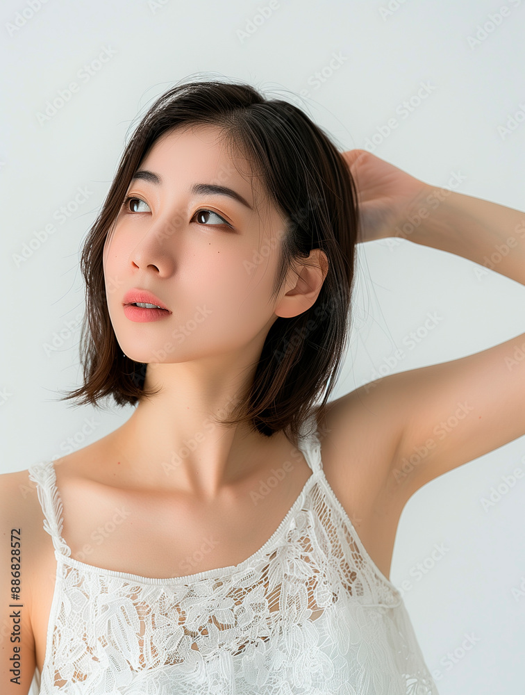 A white-skinned woman, 28 years old. Beautiful chinese woman with shoulder-length hair and short bob hairstyle wearing a white tank top A white-skinned woman, 28 years old. Beautiful chinese woman with shoulder-length hair and short bob hairstyle wearing a white tank top
