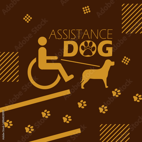 Assistance Dog Day event pet banner. Icon of a person in a wheelchair with his service dog on dark brown background to celebrate on August 4th