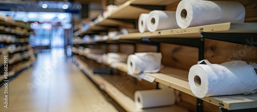 Toilet paper is a crucial essential during the lockdown, often depicted in images with empty shelves and high demand, creating a significant copy space image. photo