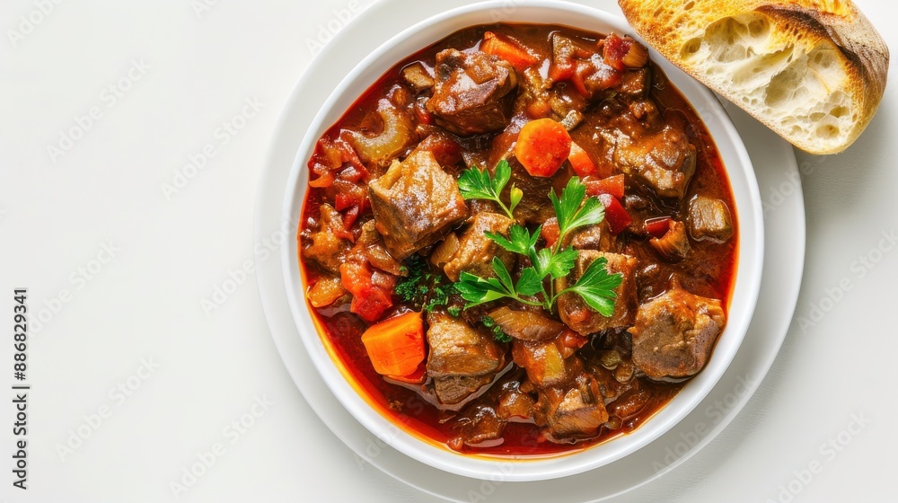 A bowl of stew with meat and vegetables sits on a white plate A bowl of stew with meat and vegetables sits on a white plate