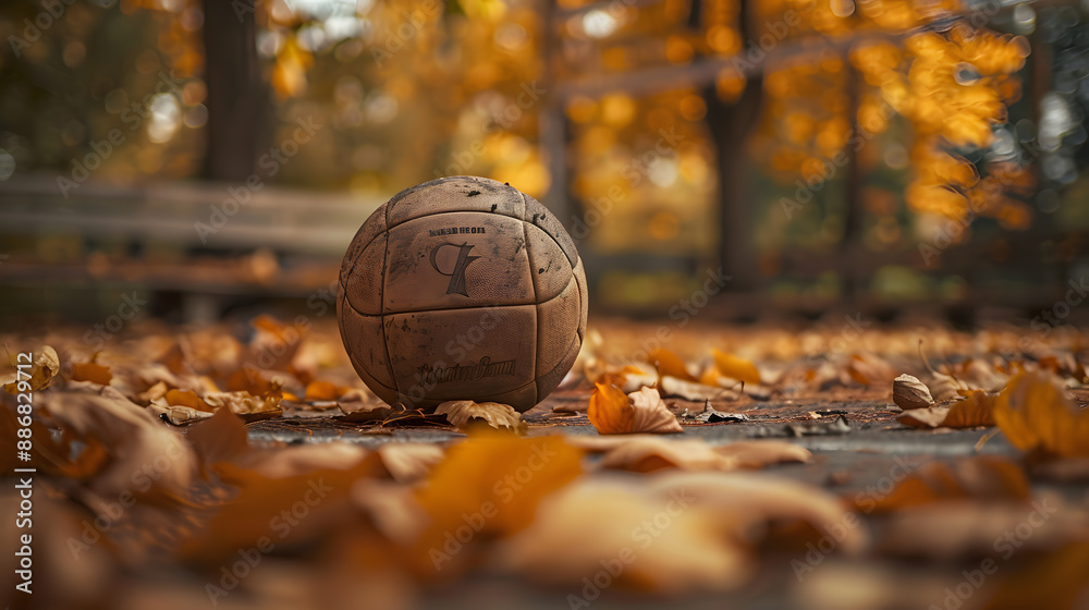 A soccer ball is sitting on the ground in a field of leaves A soccer ball is sitting on the ground in a field of leaves