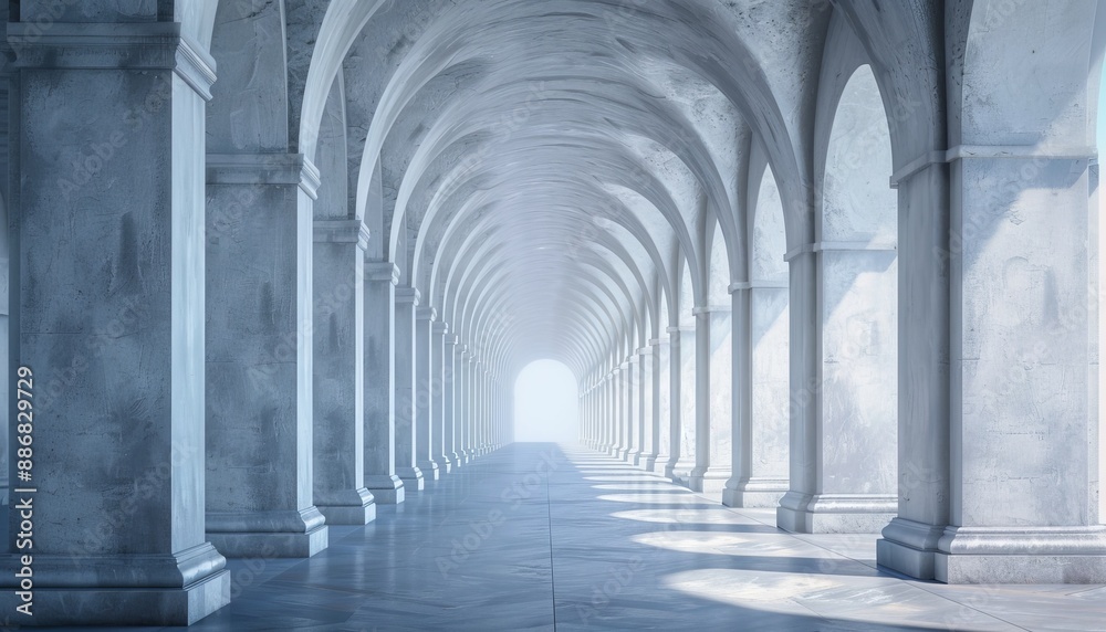 Ultra sharp photo featuring a 3D rendering of an architectural corridor with arch columns inside Ultra sharp photo featuring a 3D rendering of an architectural corridor with arch columns inside