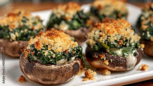 A plate of stuffed mushrooms with cheese and crumbs