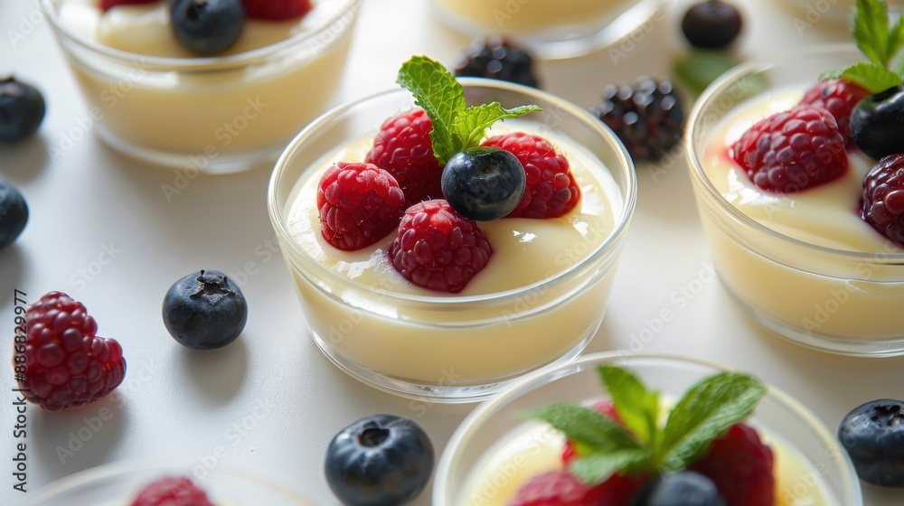 A group of small desserts with blueberries and raspberries on top A group of small desserts with blueberries and raspberries on top