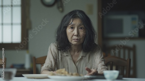 MiddleAged Asian Woman in Thoughtful Contemplation at Her Dining Table, Domestic Setting, Realistic Photography for Emotional and Personal Reflection Themes photo