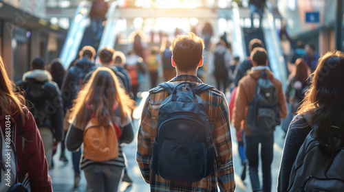 Students going to school, entering college, high school or university. Rear view of young people with backpacks. Back to school concept.