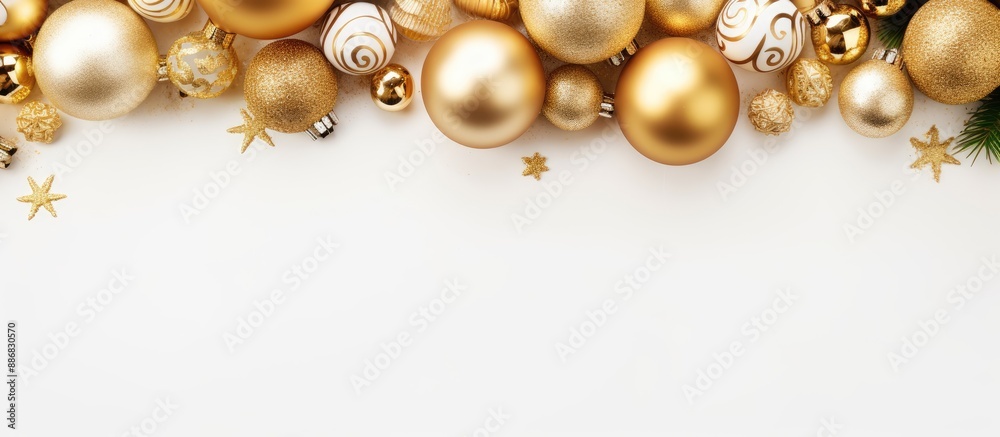 Top view of a festive frame with Christmas decorations in elegant gold hues on a white backdrop, creating a holiday-themed composition with blank space for text, suitable for postcards or invitations Top view of a festive frame with Christmas decorations in elegant gold hues on a white backdrop, creating a holiday-themed composition with blank space for text, suitable for postcards or invitations
