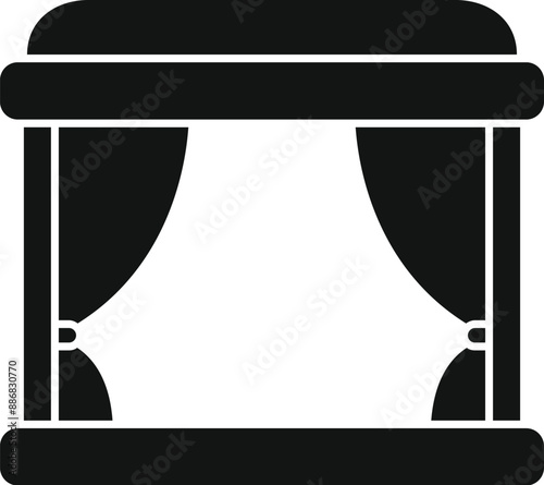 Black silhouette icon of a stage with curtains opening on a white background