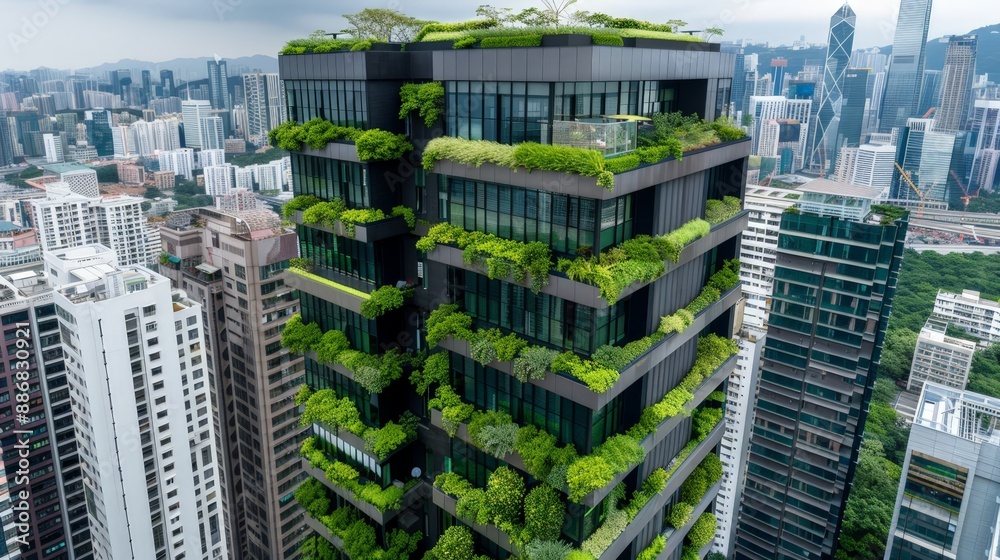 Obraz premium Urban Sustainability: Vertical Gardens and Energy-Efficient Windows in Green Building Concept with Cityscape Backdrop