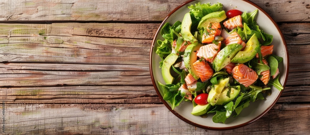 Salmon and avocado salad presented on a quaint wooden table with a blank area for additional image content. Salmon and avocado salad presented on a quaint wooden table with a blank area for additional image content.