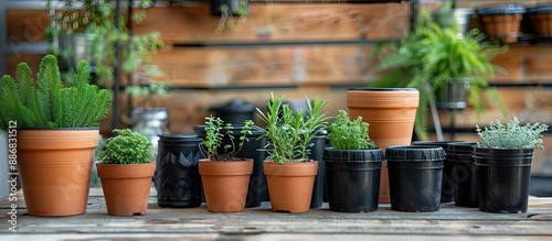 Copy space image featuring a rustic background with terracotta clay flower pots, coniferous plants, and black plastic containers on a wooden table, conveying a nursery and gardening concept.