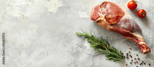 Top view of a raw ham leg on a light gray background, ideal for showcasing organic gourmet food, with ample copy space in the image. photo