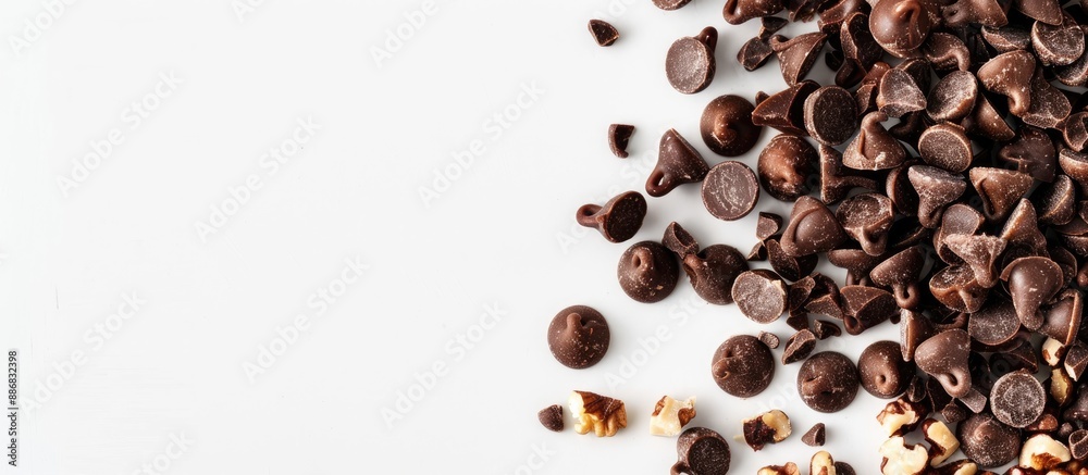 Obraz premium Chocolate chips with nuts displayed on a white background with copy space image.