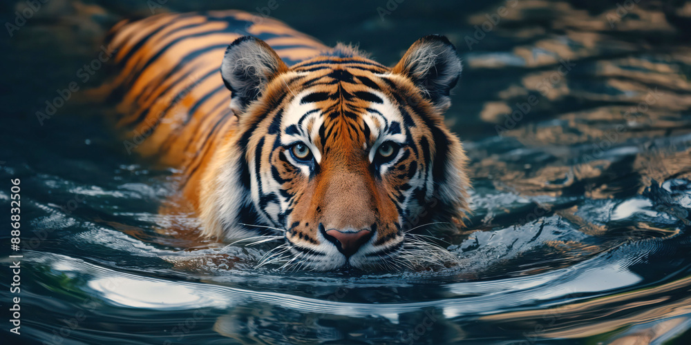 Fototapeta premium Majestic tiger swimming in clear blue water, showcasing its powerful and elegant movements, wildlife and nature concept