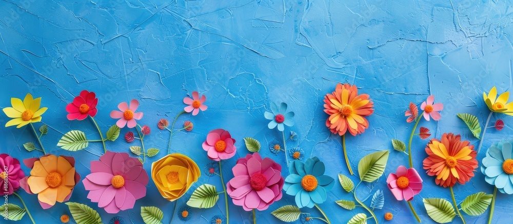 Colorful paper cut flowers seen from above on a blue backdrop with a blank area for text or images. Colorful paper cut flowers seen from above on a blue backdrop with a blank area for text or images.