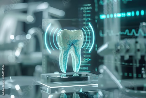 A closeup of clinical research with Glow HUD big Icon of a tooth model photo