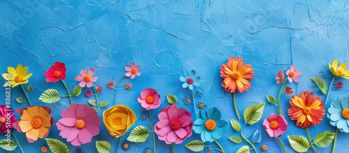 Wallpaper Mural Colorful paper cut flowers seen from above on a blue backdrop with a blank area for text or images. Torontodigital.ca
