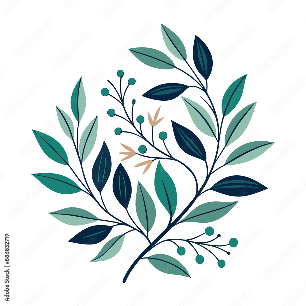  A stylized botanical design features a sprig with green leaves and pink blossoms.