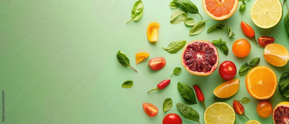 A creative food flat lay banner showcasing a variety of colorful fruits and vegetables highlights the beauty of healthy vegetarian options A creative food flat lay banner showcasing a variety of colorful fruits and vegetables highlights the beauty of healthy vegetarian options