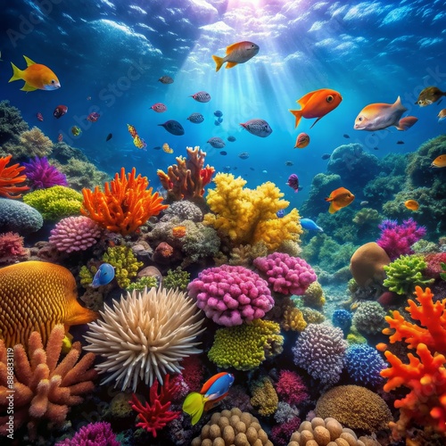 Underwater Paradise Vibrant Coral Reef with Colorful Fish, Wide Shot, Sun Rays, Coral, Fish, Sea Life, Reef