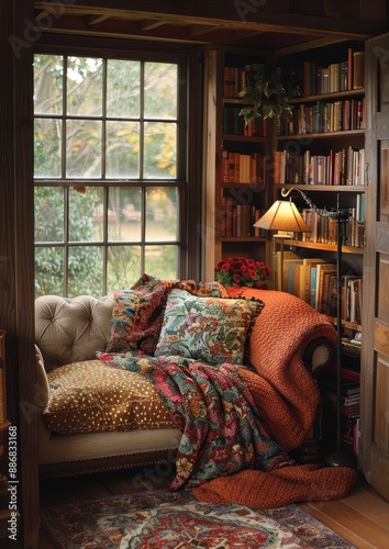 Cozy Reading Nook A small reading nook with a comfortable armchair, a floor lamp, and built-in bookshelves. Add a soft throw blanket and a view of the garden.