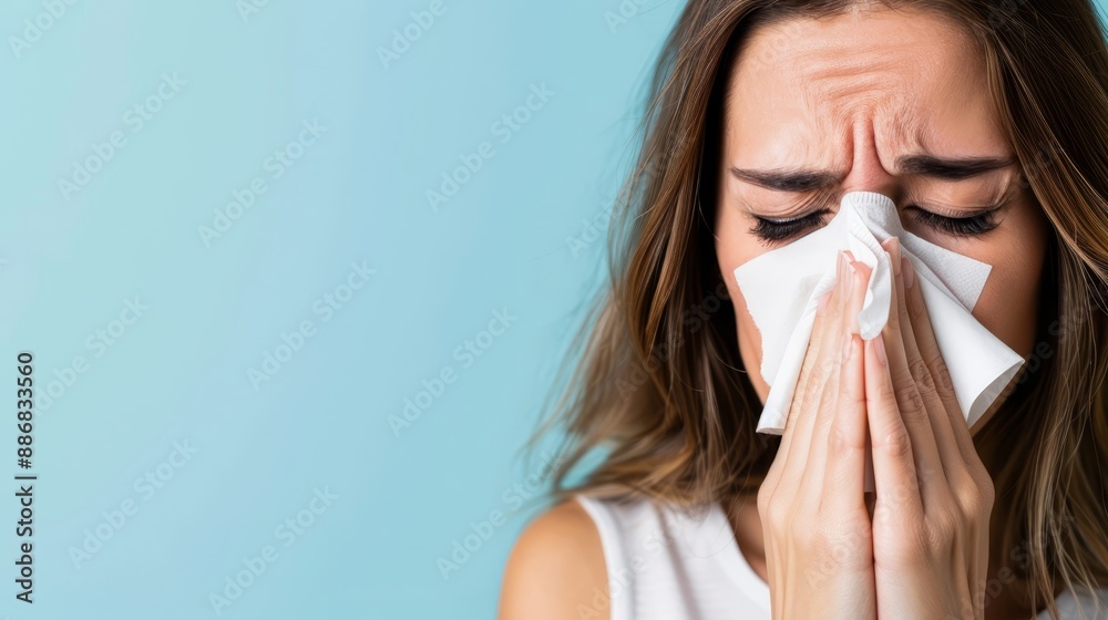 A woman sneezes, shielding her nose with a tissue against a tranquil blue backdrop A woman sneezes, shielding her nose with a tissue against a tranquil blue backdrop