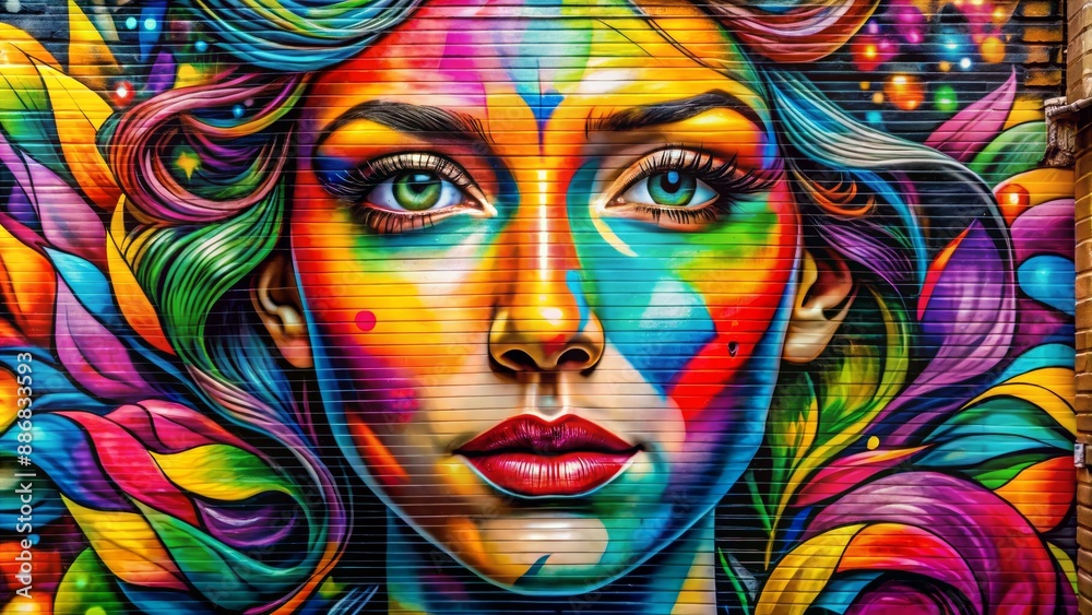 Vibrant Graffiti Portrait of a Woman with Bold Colors and Abstract Elements on a Brick Wall, street art , urban art , mural , graffiti art Vibrant Graffiti Portrait of a Woman with Bold Colors and Abstract Elements on a Brick Wall, street art , urban art , mural , graffiti art