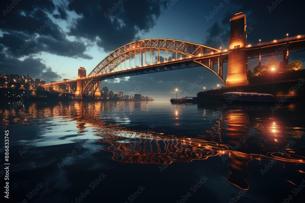 Obraz premium Low angle view of the bridge enlightened against the night sky, generative IA