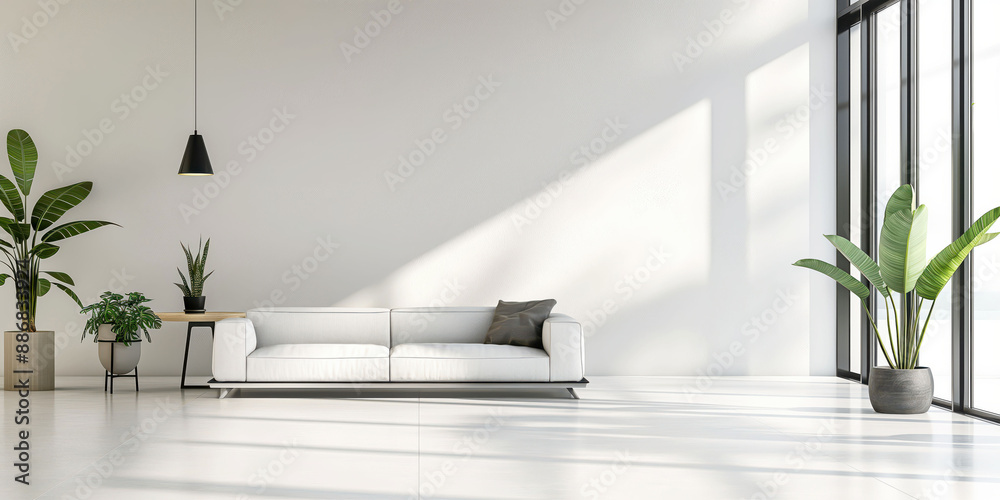 Fototapeta premium Modern living room interior, white sofa, large windows, house plants, minimalistic design, bright sunlight, tranquility, luxury, serene, stylish, interior design concept