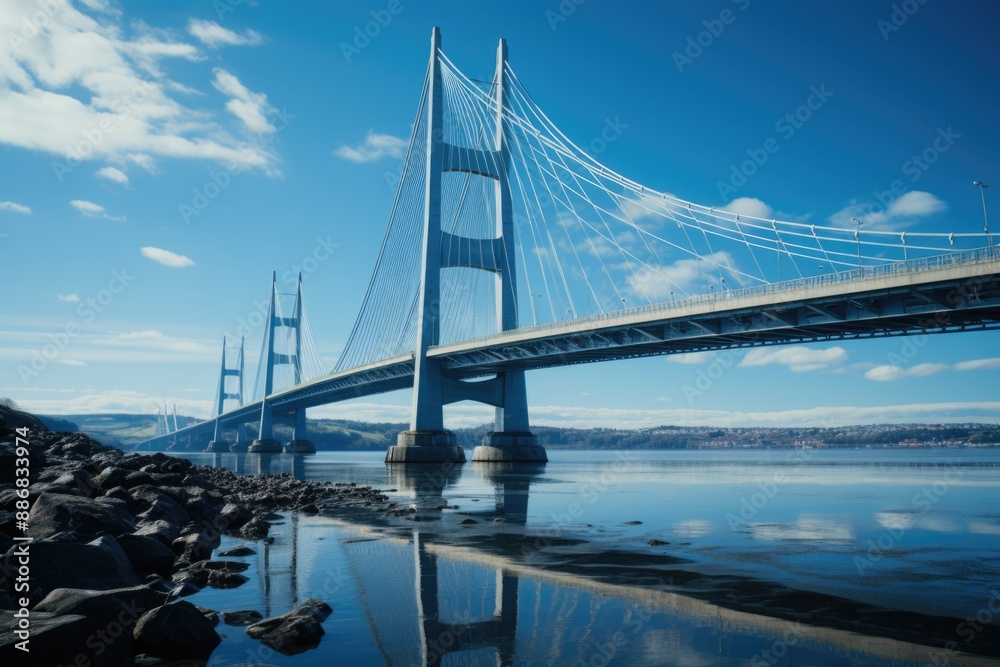 Naklejka premium Low angle view of the bridge suspended against the sky, generative IA