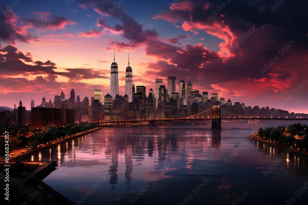 Fototapeta premium Lower Manhattan Skyline View from Brooklyn, generative IA