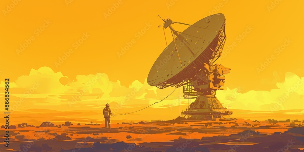 Solitude Connection - Isolated Satellite Dish in Desert Landscape with Negative Space Solitude Connection - Isolated Satellite Dish in Desert Landscape with Negative Space