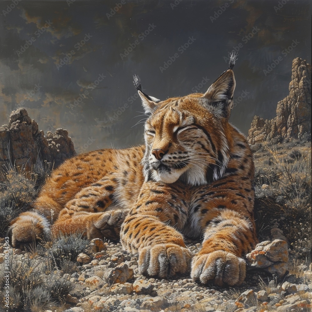Obraz premium Majestic Iberian Lynx Guarding its Rocky Lair in the Rugged Dry Landscape