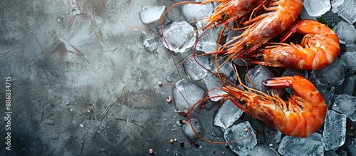 Fresh seafood - Uncooked tiger prawns on ice, with a grey backdrop, selective focus, a horizontal layout, and space for an image. photo