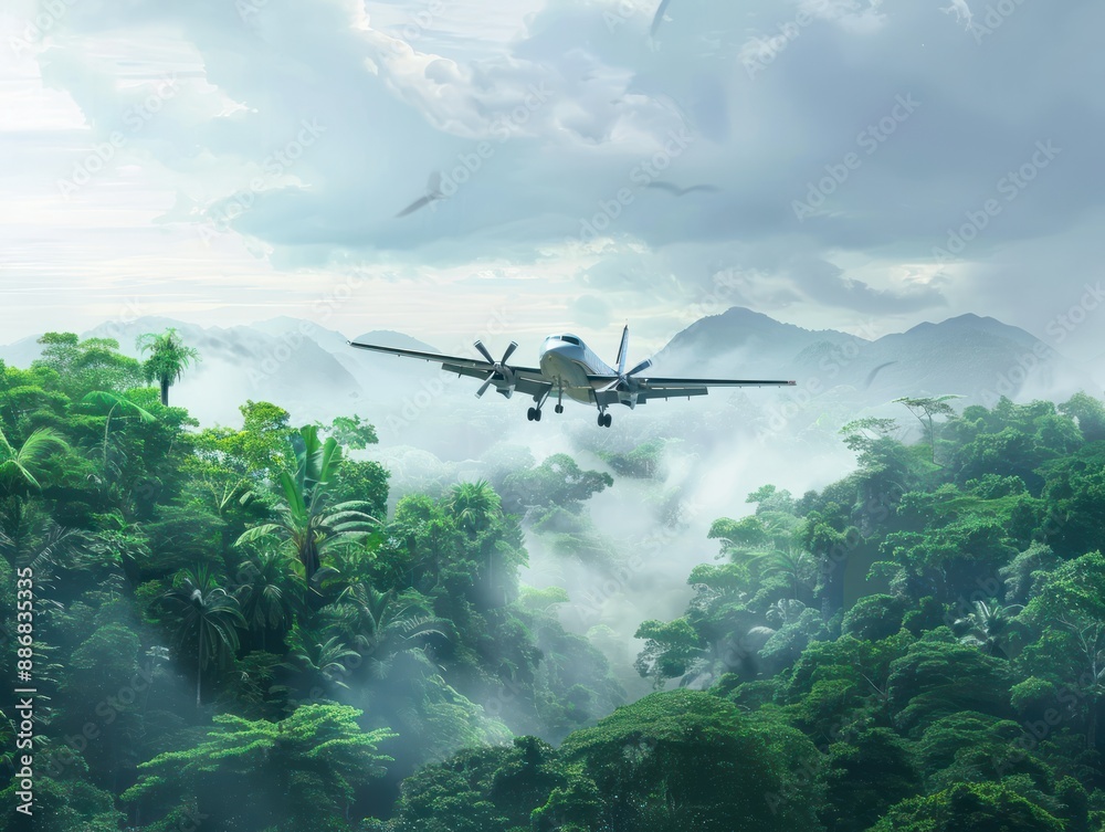 Naklejka premium Airplane flies over Amazon Rainforest. Small plane soars through dense green trees and bushes. Cloudy sky adds depth to scene. Perfect for travel agency and tours.