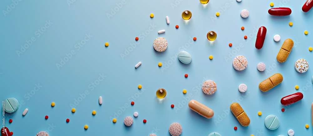 Various pills, vitamins, and capsules of different shapes and packaging displayed closely on a blue background with selective focus for a copy space image. Various pills, vitamins, and capsules of different shapes and packaging displayed closely on a blue background with selective focus for a copy space image.