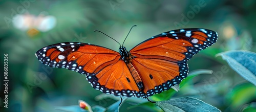 A vibrant Queen butterfly (Danaus gilippus) flutters gracefully in the garden, with a beautiful background perfect for a copy space image. photo