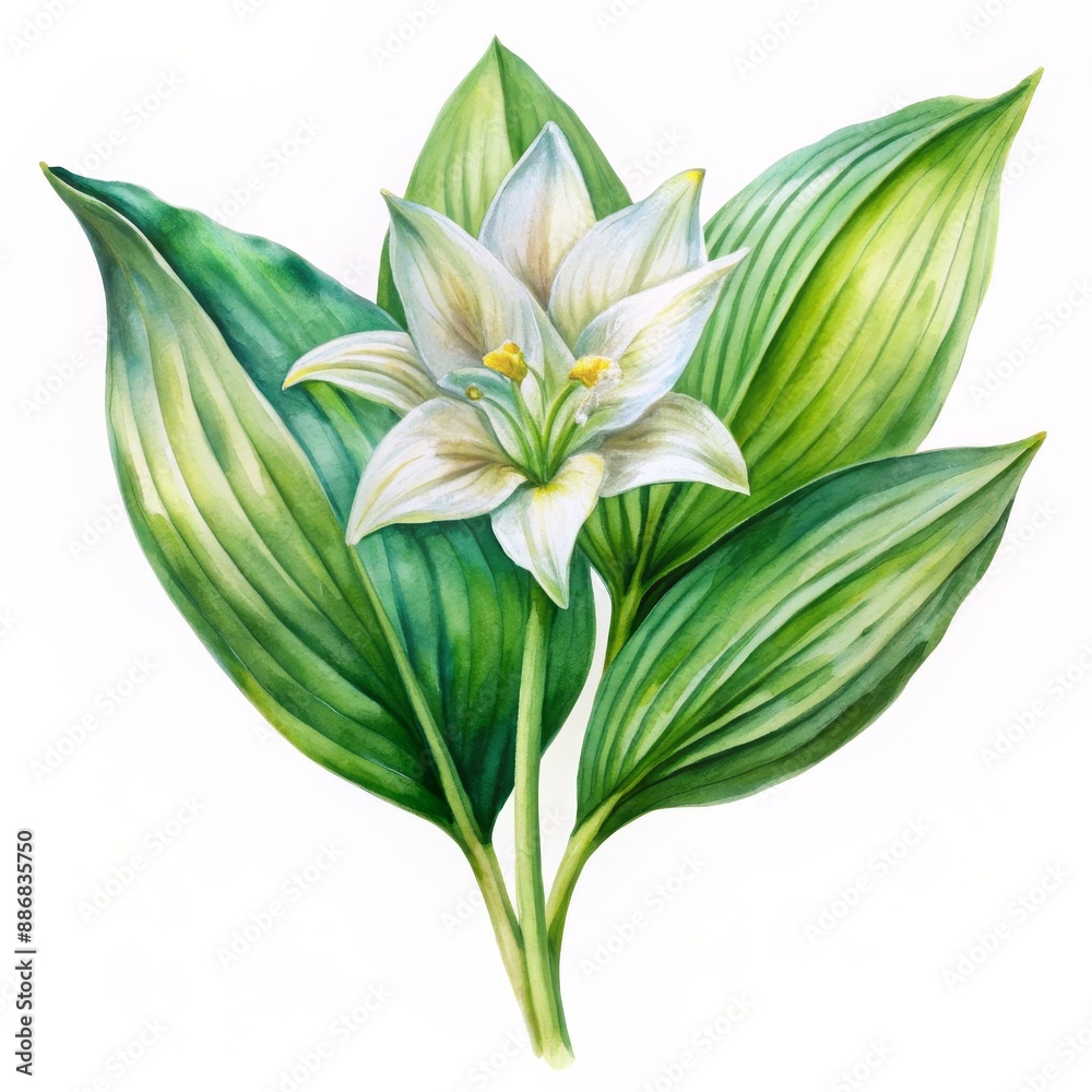 Watercolor Illustration of a Single White Flower with Green Leaves, botanical illustration, floral art, white flower, green leaves