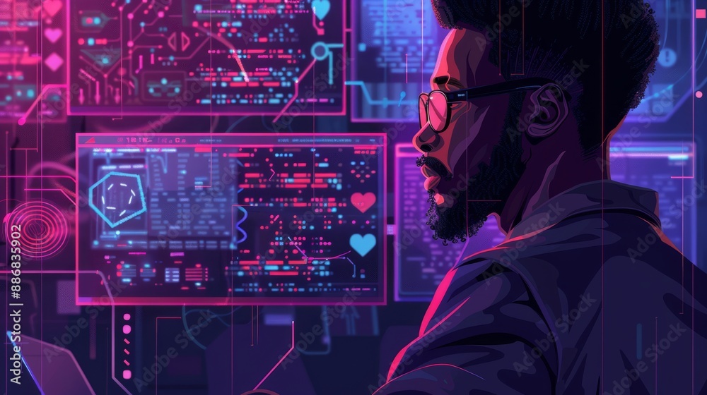 AI Cybersecurity threat Illustration concept AI banner. African American Black male IT specialist analyzes data Information technology privacy Leaks AR Artificial Intelligence - AR