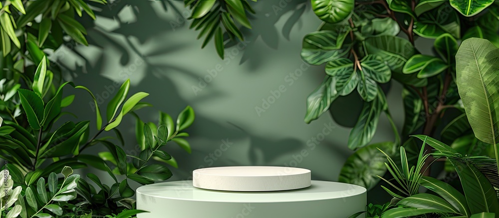 Stylish podium mockup for organic cosmetics ad on fresh green leaves background, with a minimalist flatlay design and a template for a copy space image. Stylish podium mockup for organic cosmetics ad on fresh green leaves background, with a minimalist flatlay design and a template for a copy space image.