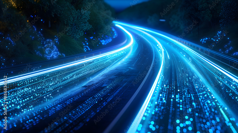 Digits abstract road with blue light trails , data transfer speed and digitization concept Digits abstract road with blue light trails , data transfer speed and digitization concept