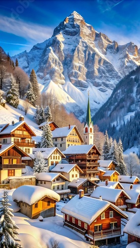 town in hills covered with snow , 9:16 aspect ratio , phone wallpaper 