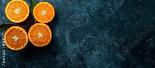 Top view of fresh, ripe oranges on a dark background with copy space image. photo