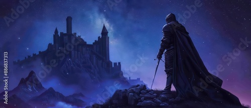 A wolf dressed as a knight is standing guard over a supernatural castle under a starry sky